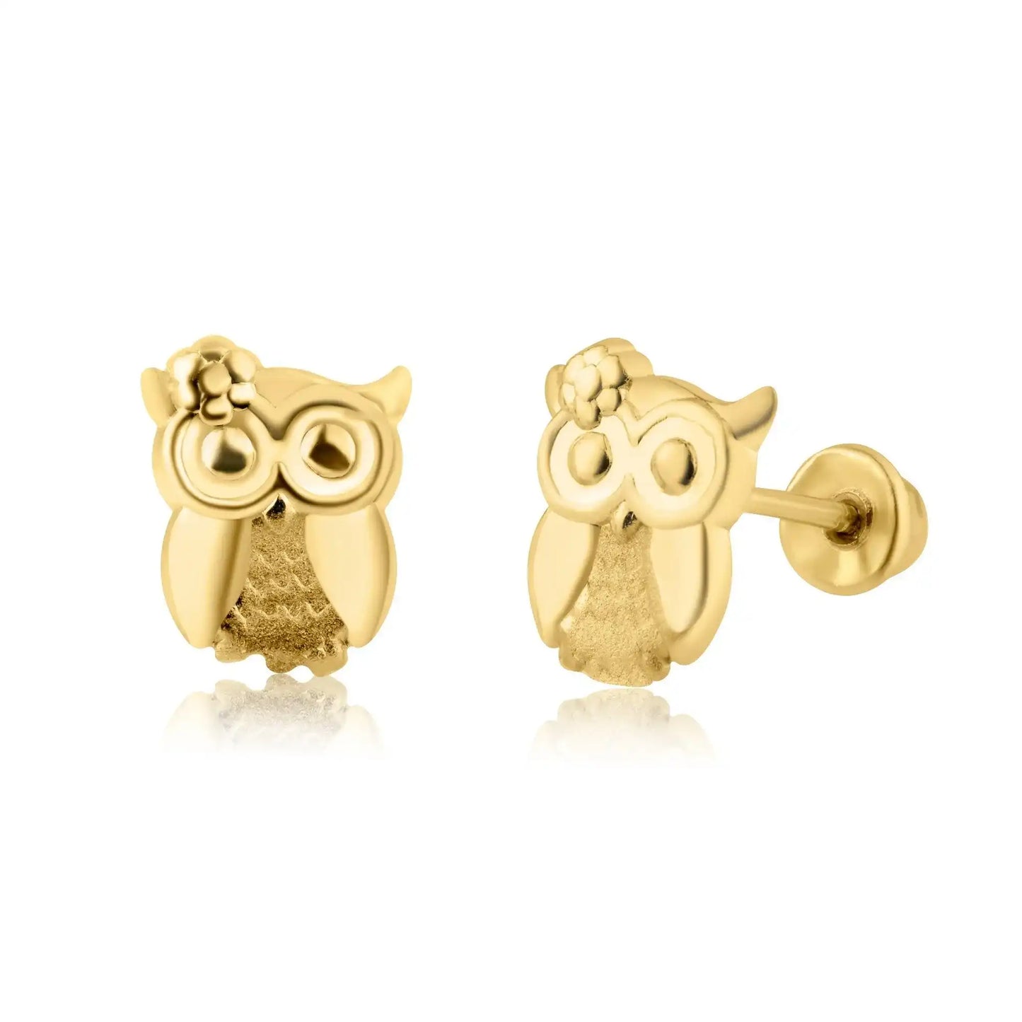 14 Karat Yellow Gold CZ Owl Screw Back Earring