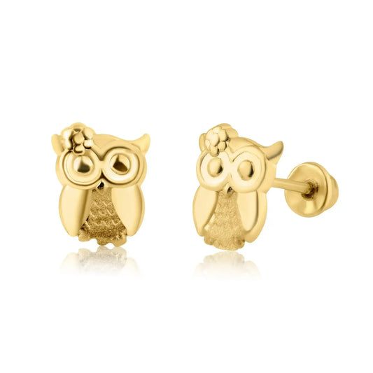 14 Karat Yellow Gold CZ Owl Screw Back Earring