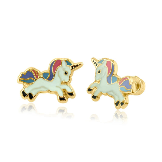 14 Karat Yellow Gold Enamel Color Unicorn Screw Back Earring