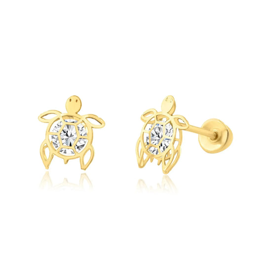 14 Karat Yellow Gold CZ Turtle Screw Back Earring
