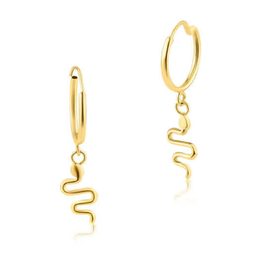14 Karat Yellow Gold Huggie Hanging Snake Earring
