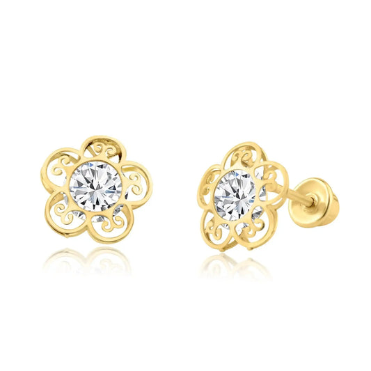 14 Karat Yellow Gold CZ Flower Screw Back Earring