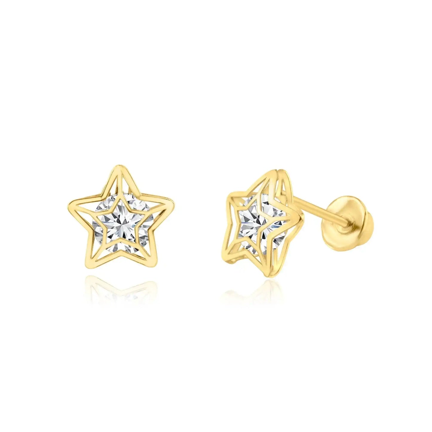 14 Karat Yellow Gold CZ Star Screw Back Earring