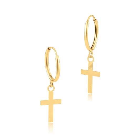 14 Karat Yellow Gold Dangling Cross Huggie Earring