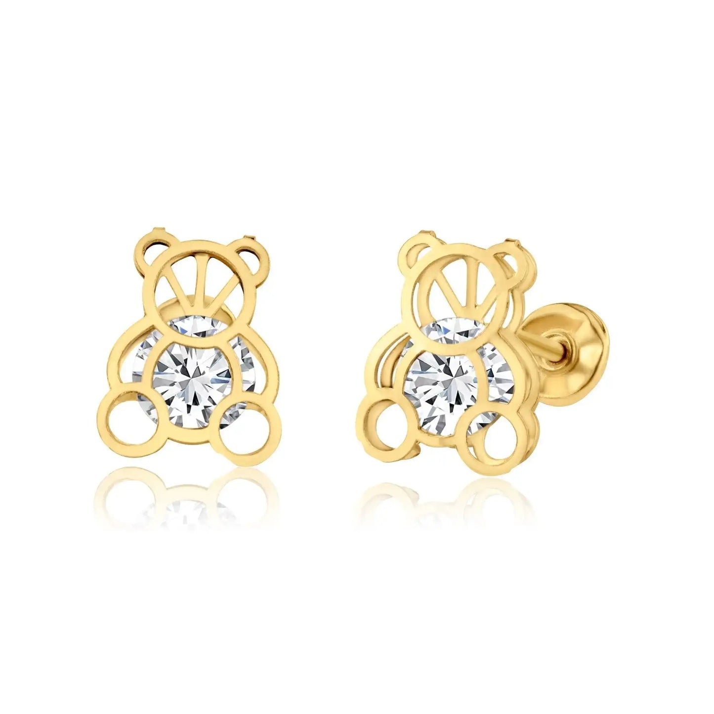 14 Karat Yellow Gold CZ Bear Screw Back Earring