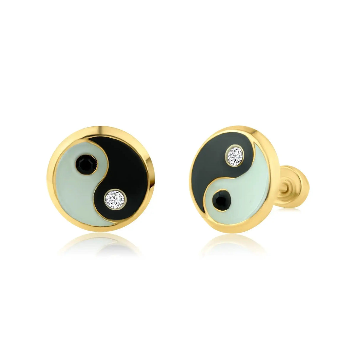14 Karat Yellow Gold YinYang Enamel Screw Back Earring