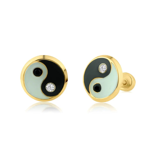 14 Karat Yellow Gold YinYang Enamel Screw Back Earring