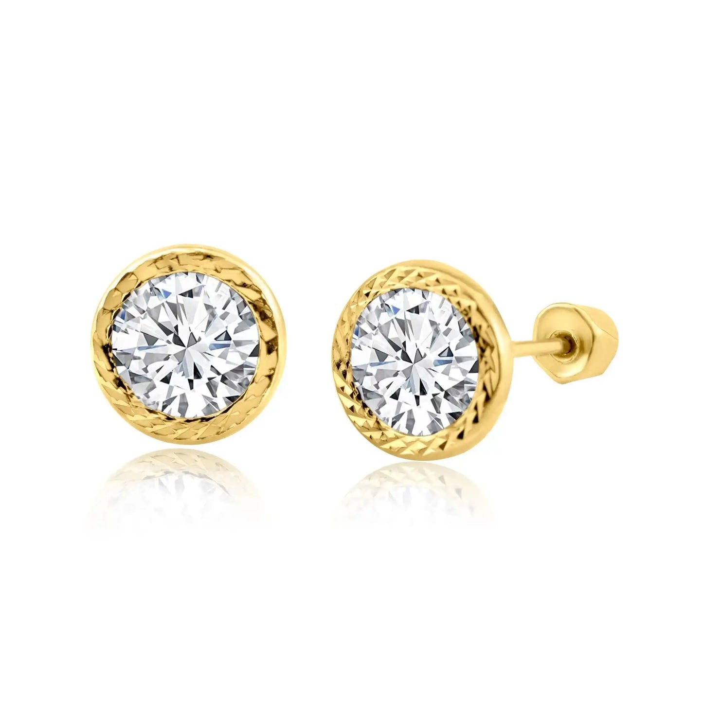 14 Karat Yellow Gold Clear Bezel Round Stud Screw Back Earring