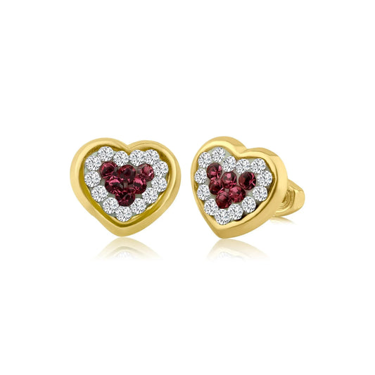 14 Karat Yellow Gold Ruby Heart Stud Screw Back Earring