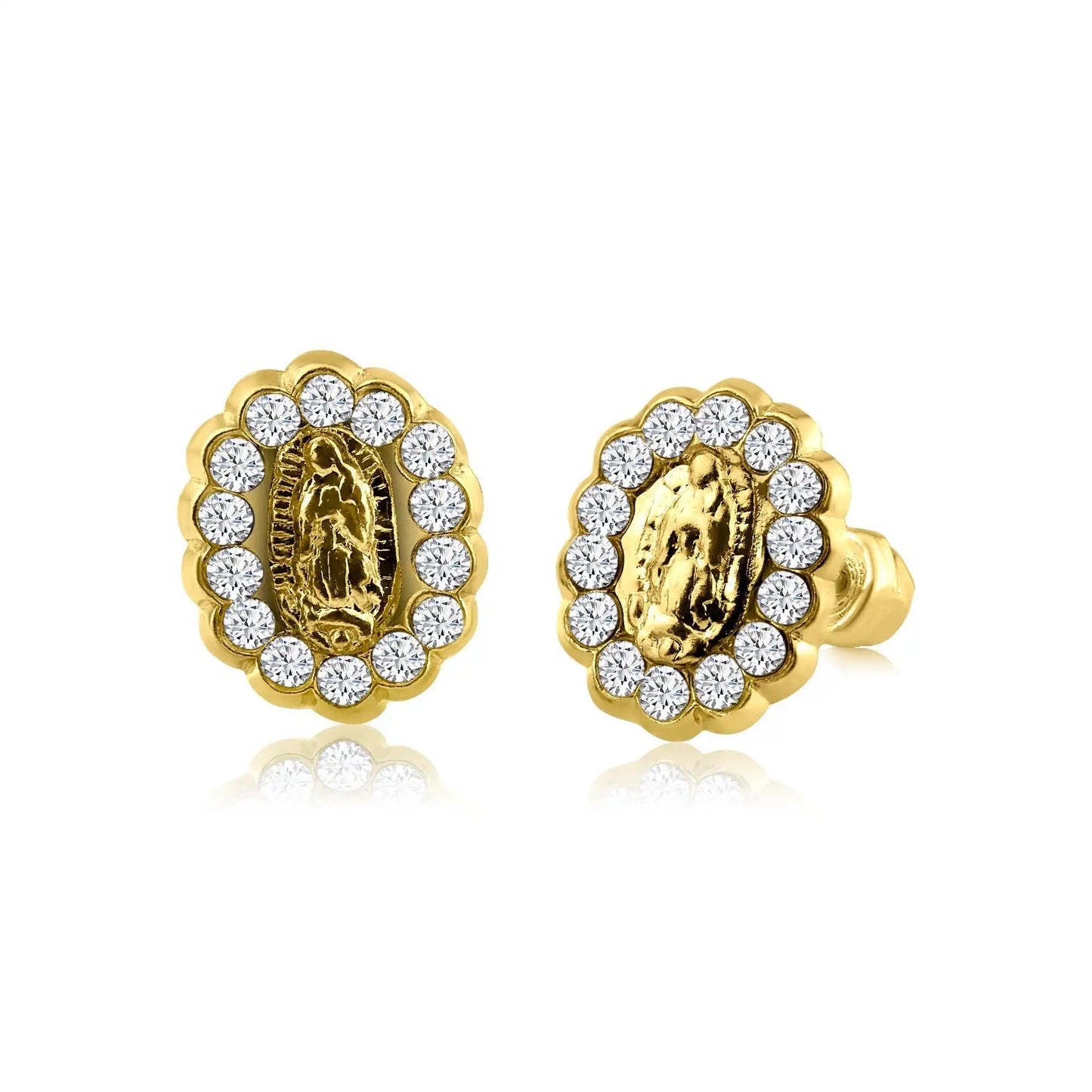 14 Karat Yellow Gold CZ Lady of Guadalupe Screw Back Earring