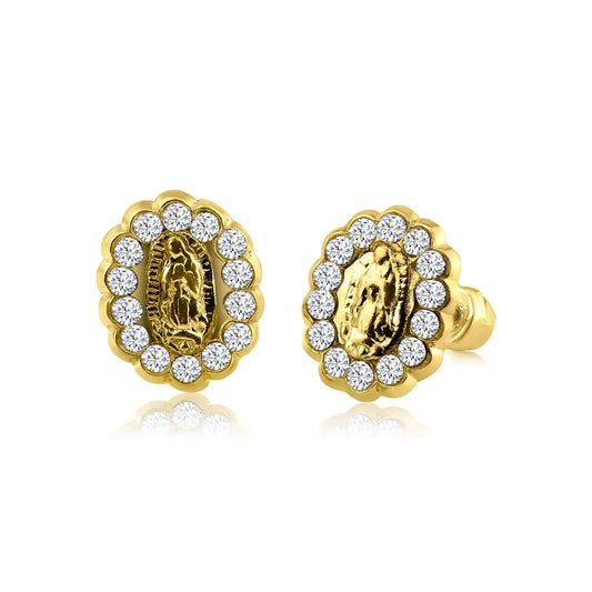 14 Karat Yellow Gold CZ Lady of Guadalupe Screw Back Earring