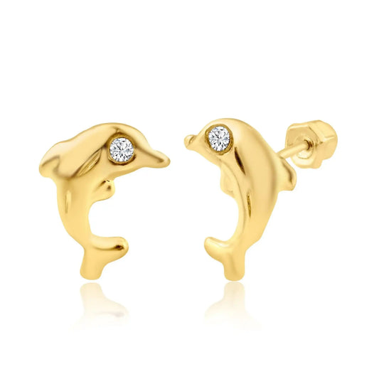 14 Karat Yellow Gold Dolphin CZ Stud Screw Back Earring