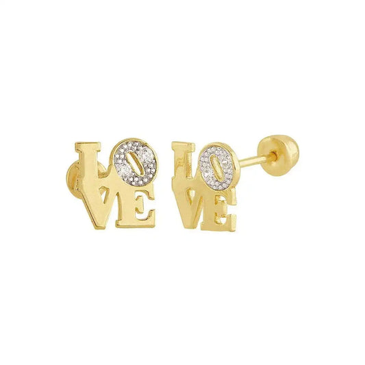14 Karat Yellow Gold LOVE CZ Screw Back Stud Earring