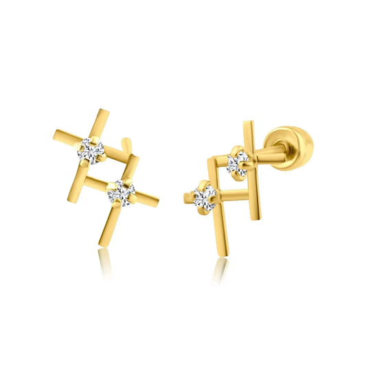 14 Karat Yellow Gold Two Cross CZ Screw Back Earring