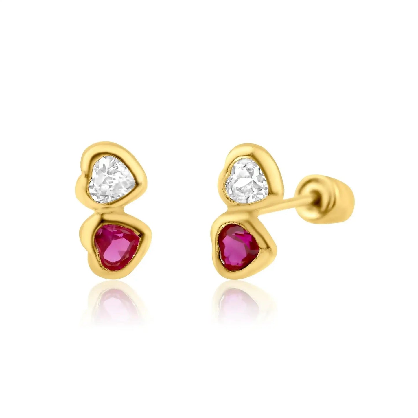 14 Karat Yellow Gold Twin Hearts Red and Clear CZ Screw Back Earring