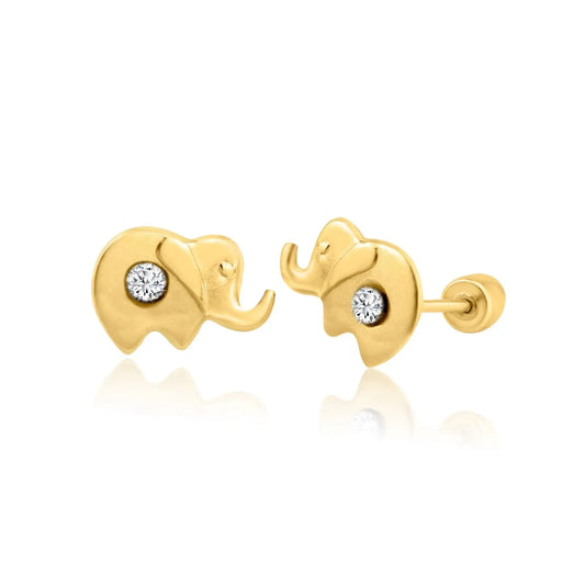14 Karat Yellow Gold Elephant CZ Screw Back Earring