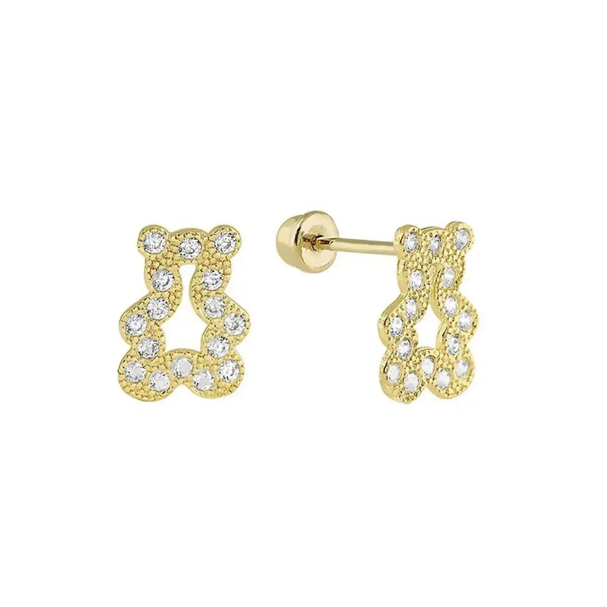 14 Karat Yellow Gold Outline CZ Bear Screw Back Stud Earring