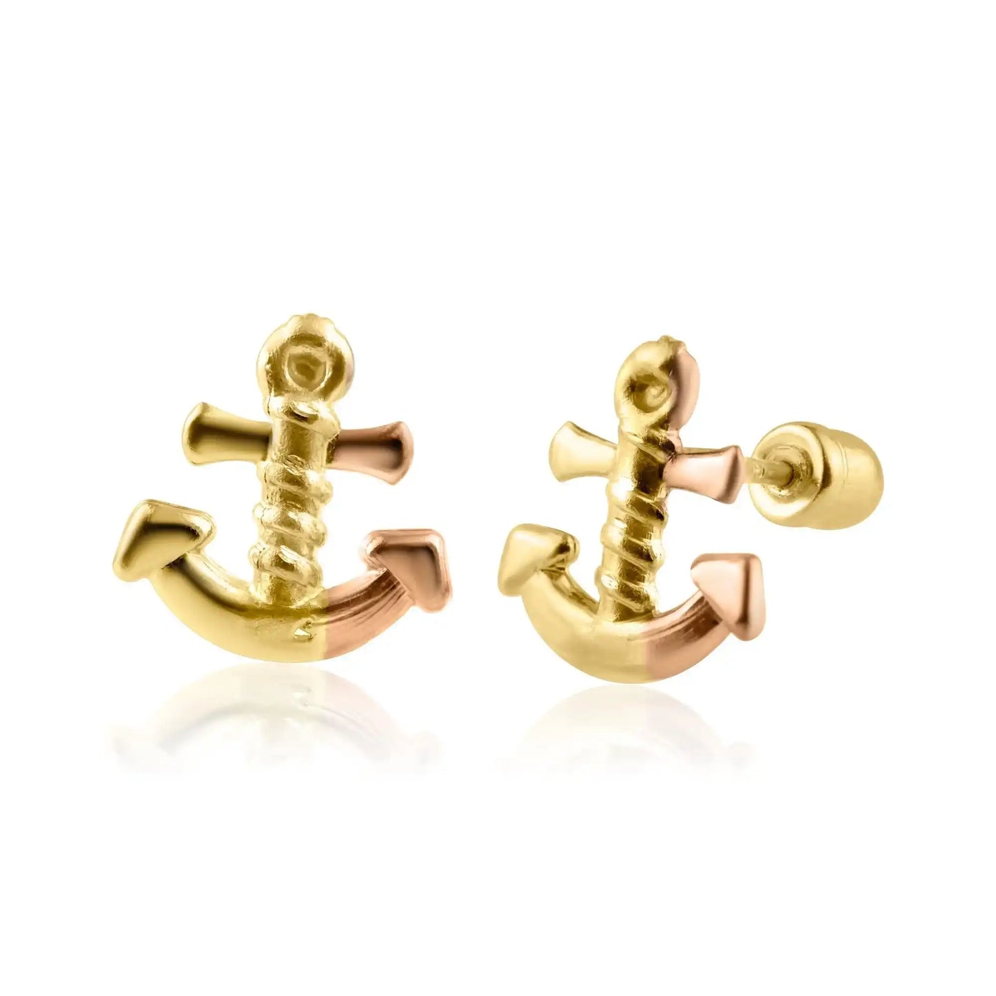 14 Karat Yellow Gold Two Tone Anchor Screw Back Earring