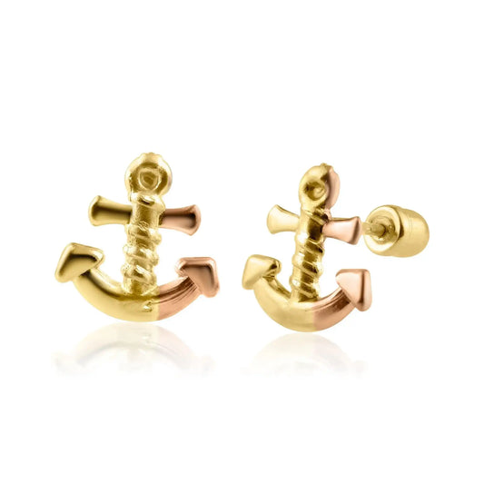 14 Karat Yellow Gold Two Tone Anchor Screw Back Earring
