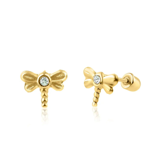 14 Karat Yellow Gold Dragonfly CZ Screw Back Earring