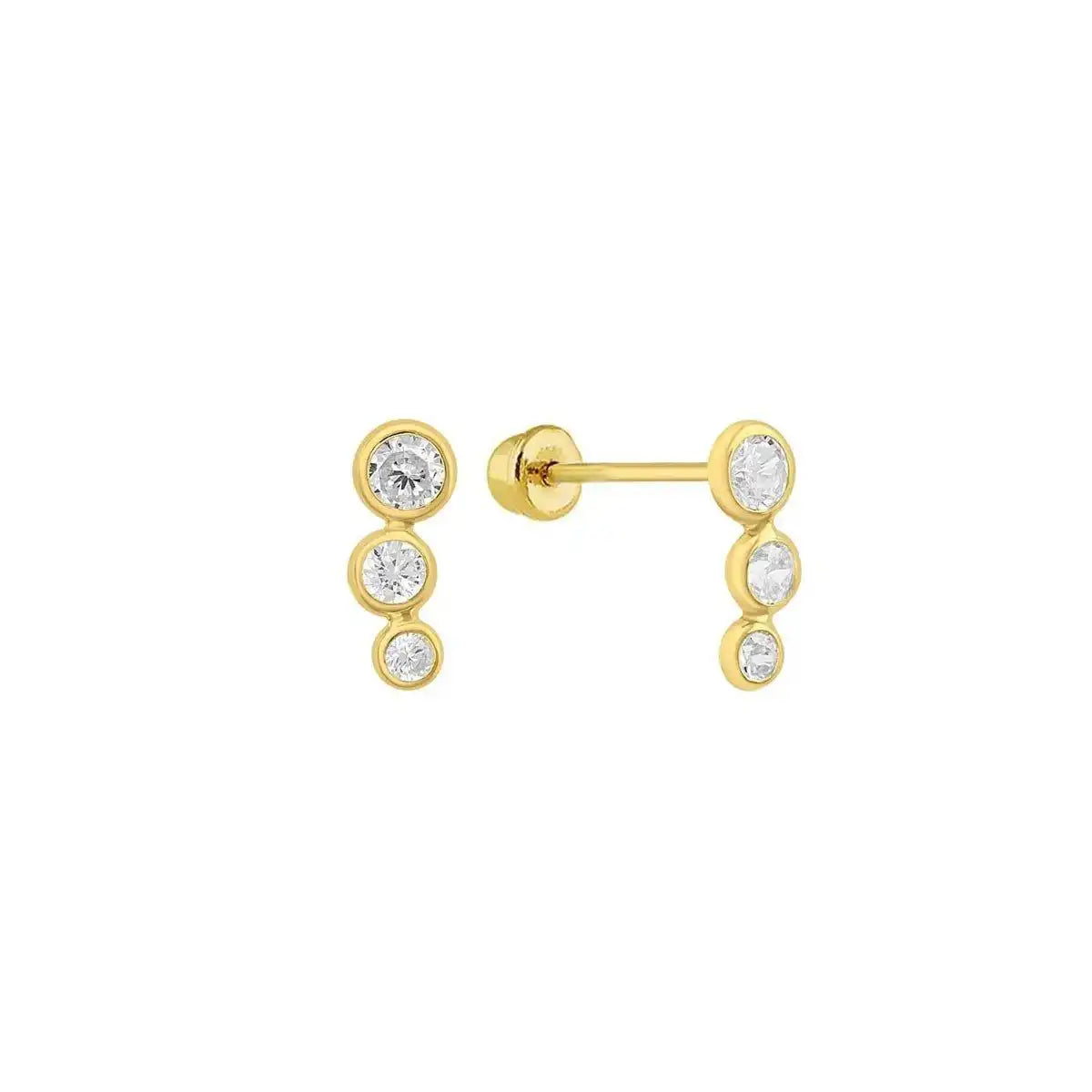 14 Karat Yellow Gold 3 Bubble Drop CZ Screw Back Stud Earring