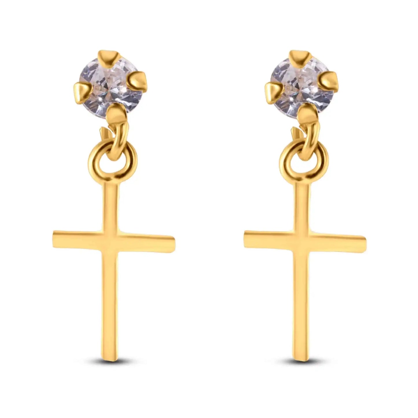 14 Karat Yellow Dangling Cross Clear CZ Screw Back Earrings