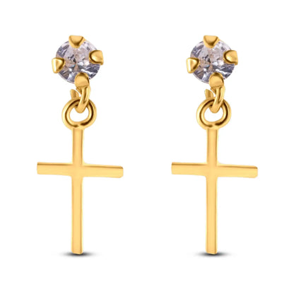 14 Karat Yellow Dangling Cross Clear CZ Screw Back Earrings