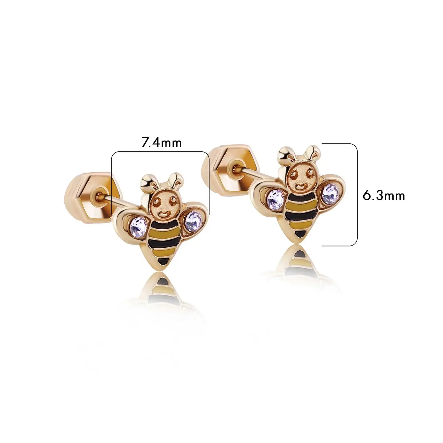 14 Karat Yellow Bee Black and Yellow Enamel Clear CZ Screw Back Earrings