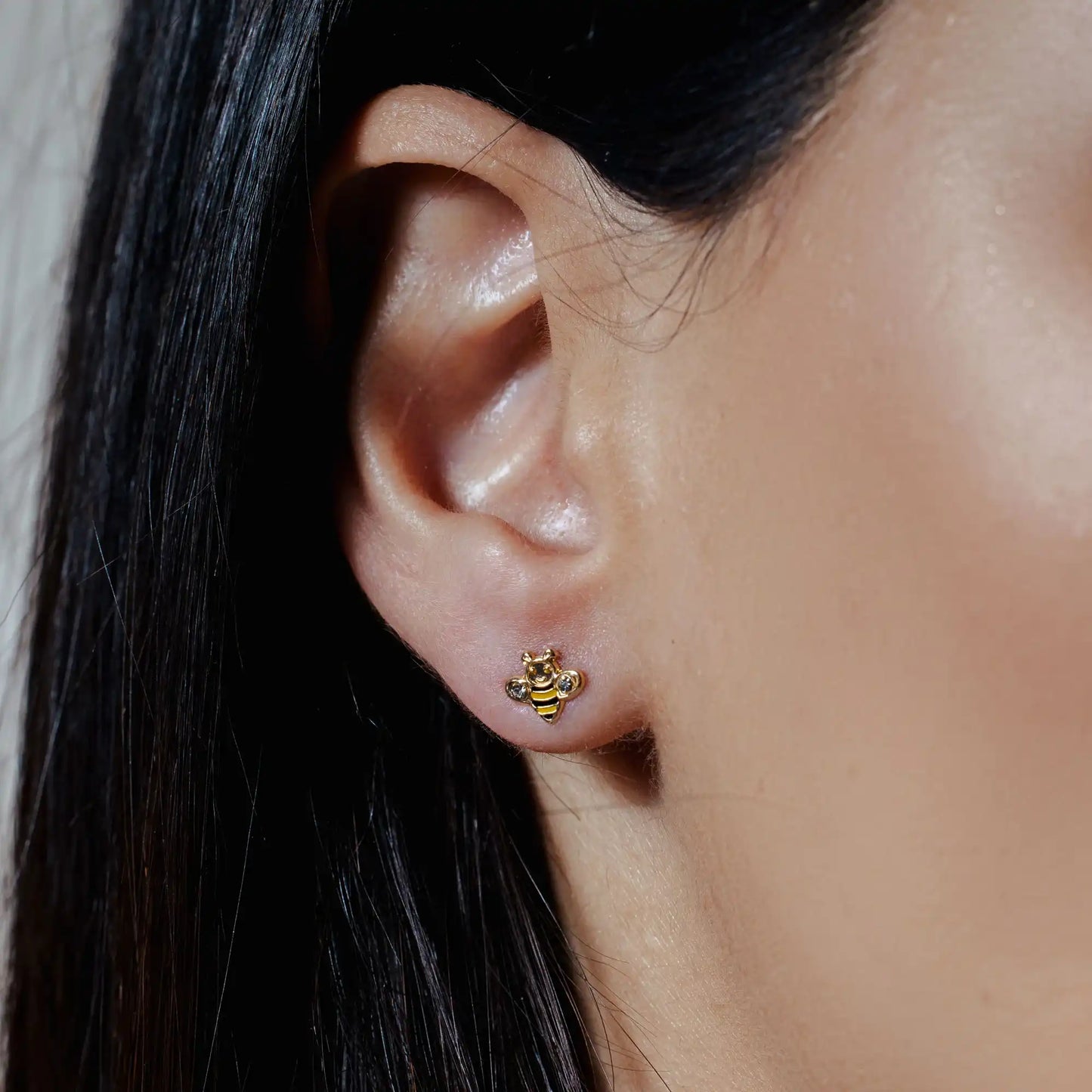 14 Karat Yellow Bee Black and Yellow Enamel Clear CZ Screw Back Earrings