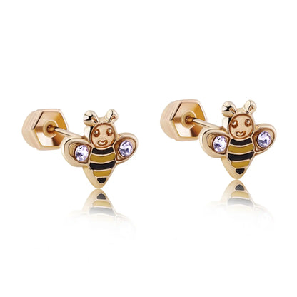 14 Karat Yellow Bee Black and Yellow Enamel Clear CZ Screw Back Earrings