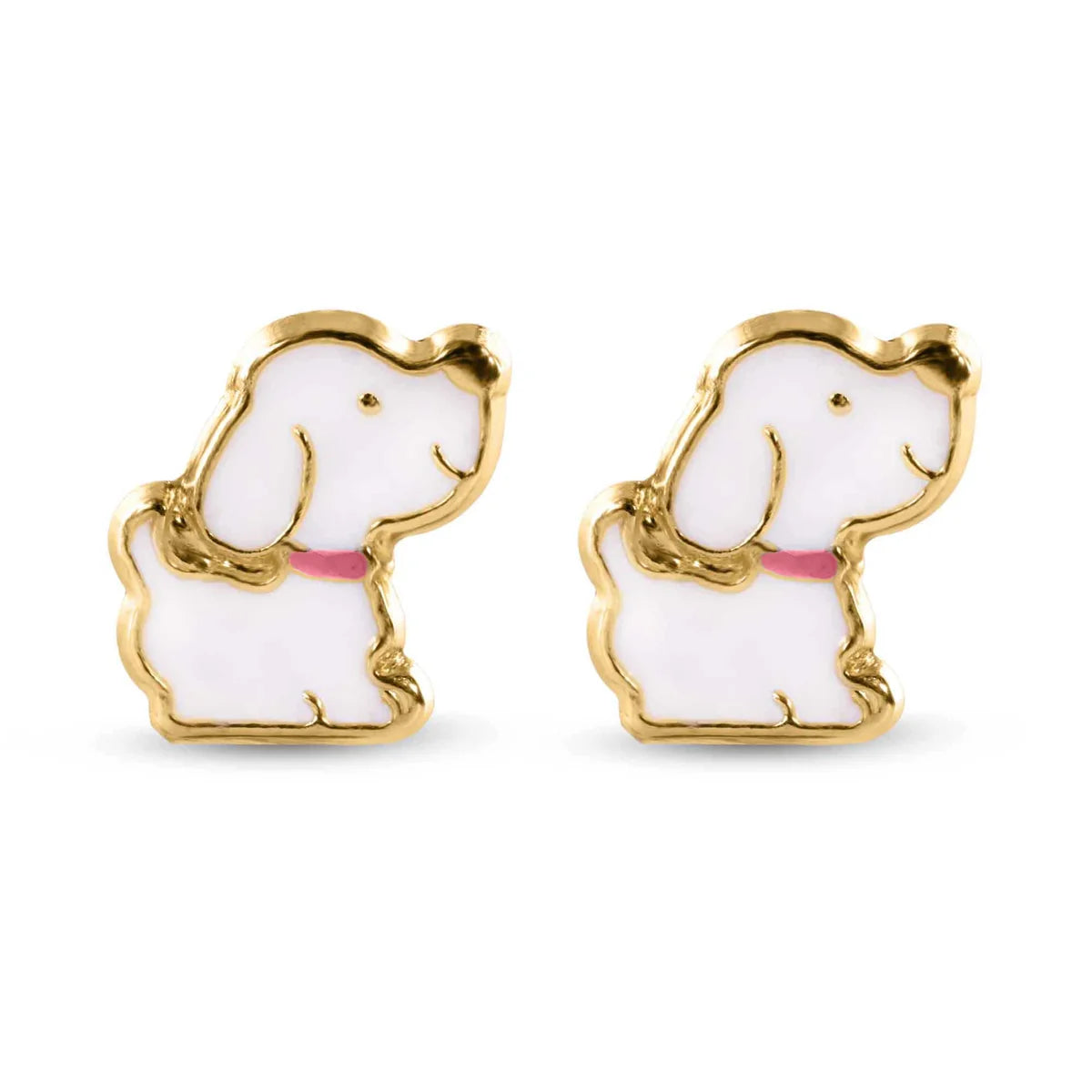 14 Karat Dog White Enamel Pink Leash Screw Back Earrings