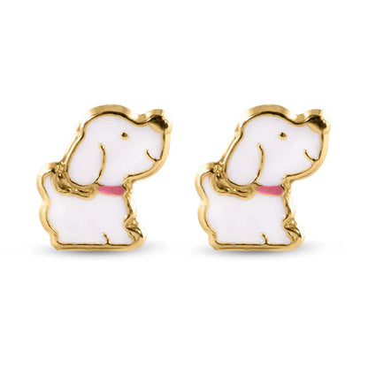 14 Karat Dog White Enamel Pink Leash Screw Back Earrings