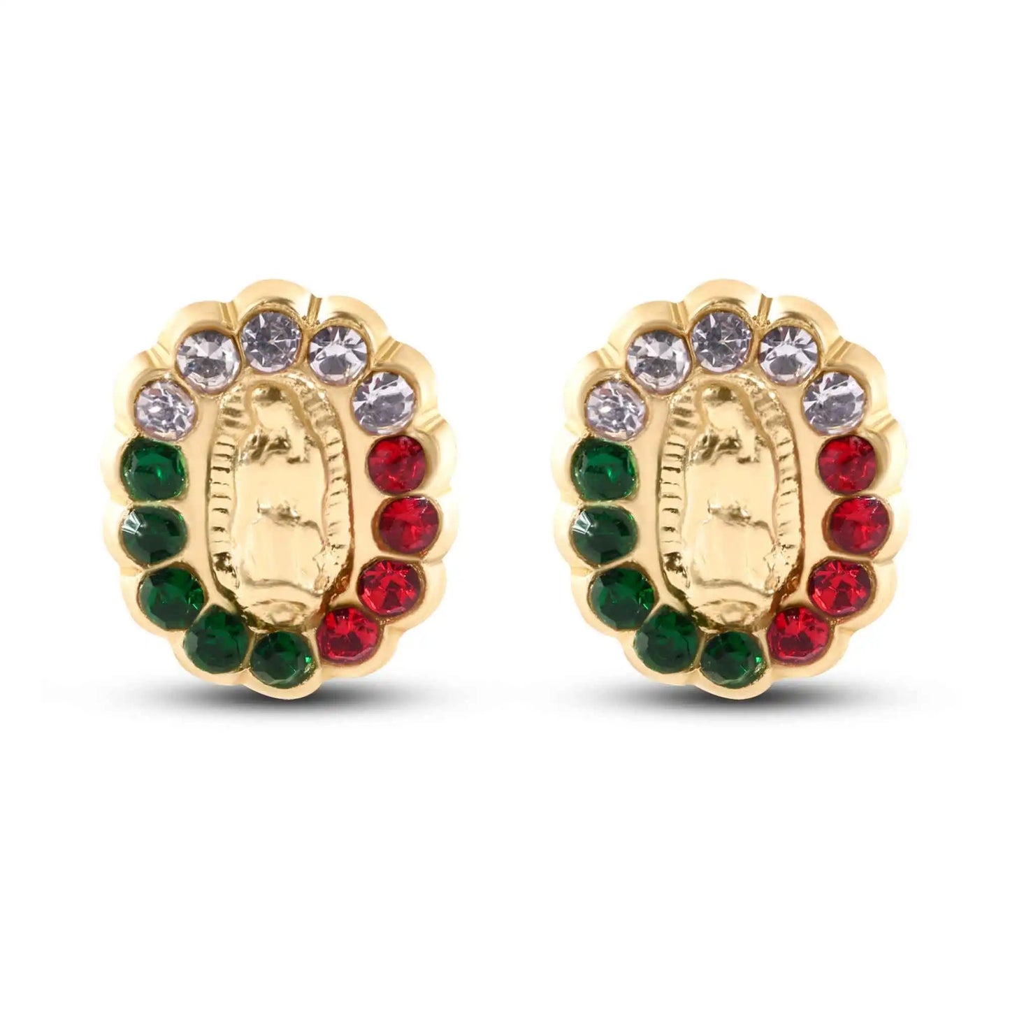 14 Karat Yellow Gold Guadalupe Red Green and Clear Screw Back Earrings