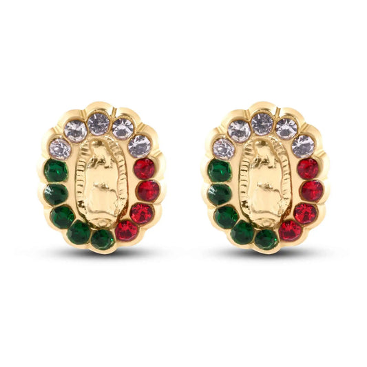 14 Karat Yellow Gold Guadalupe Red Green and Clear Screw Back Earrings