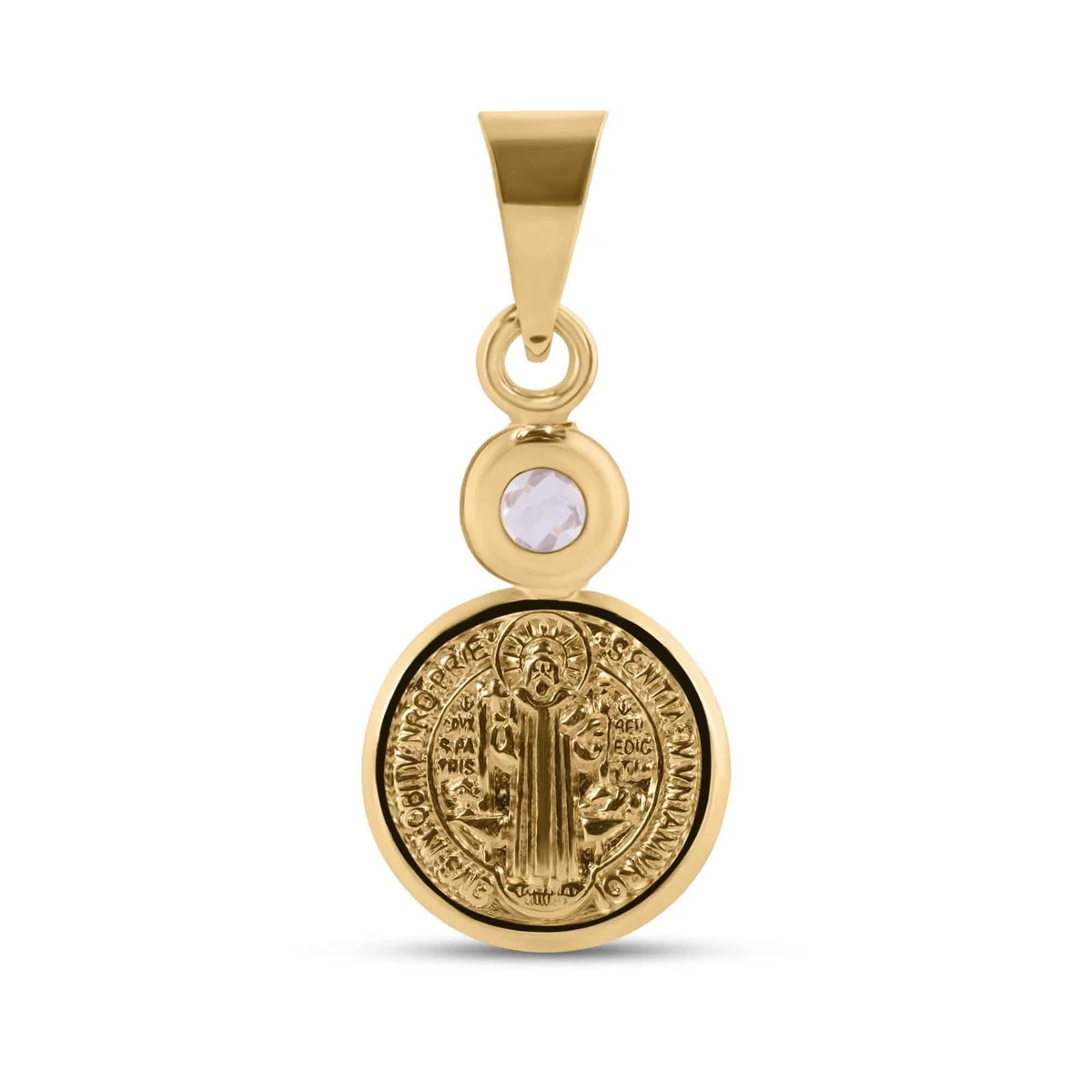 14 Karat Yellow Gold 11mm Saint Benedict Medal Clear CZ Pendant