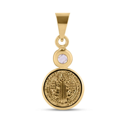 14 Karat Yellow Gold 11mm Saint Benedict Medal Clear CZ Pendant