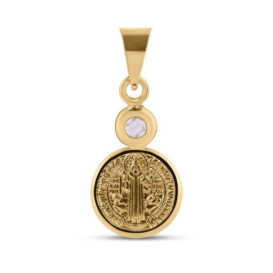 14 Karat Yellow Gold 11mm Saint Benedict Medal Clear CZ Pendant
