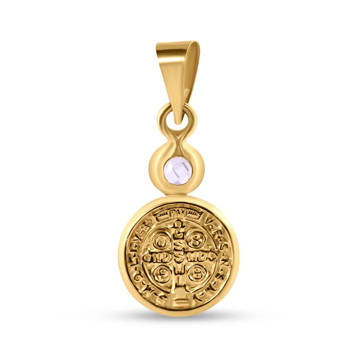 14 Karat Yellow Gold 11mm Saint Benedict Medal Clear CZ Pendant