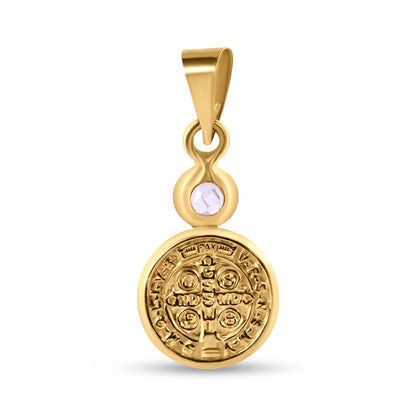 14 Karat Yellow Gold 11mm Saint Benedict Medal Clear CZ Pendant