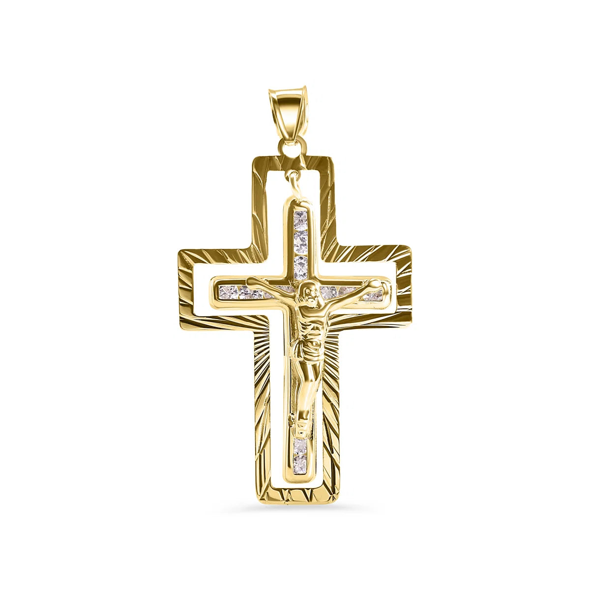 14 Karat Yellow Gold Two Diamond Cut Outer Cross Jesus Christ Clear CZ Pendant