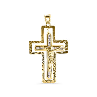 14 Karat Yellow Gold Two Diamond Cut Outer Cross Jesus Christ Clear CZ Pendant