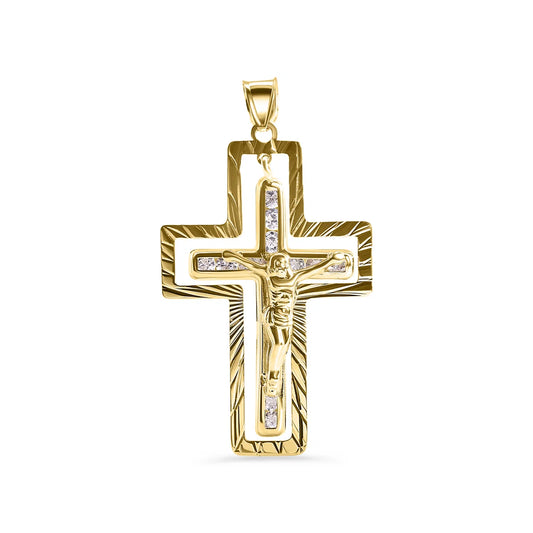 14 Karat Yellow Gold Two Diamond Cut Outer Cross Jesus Christ Clear CZ Pendant