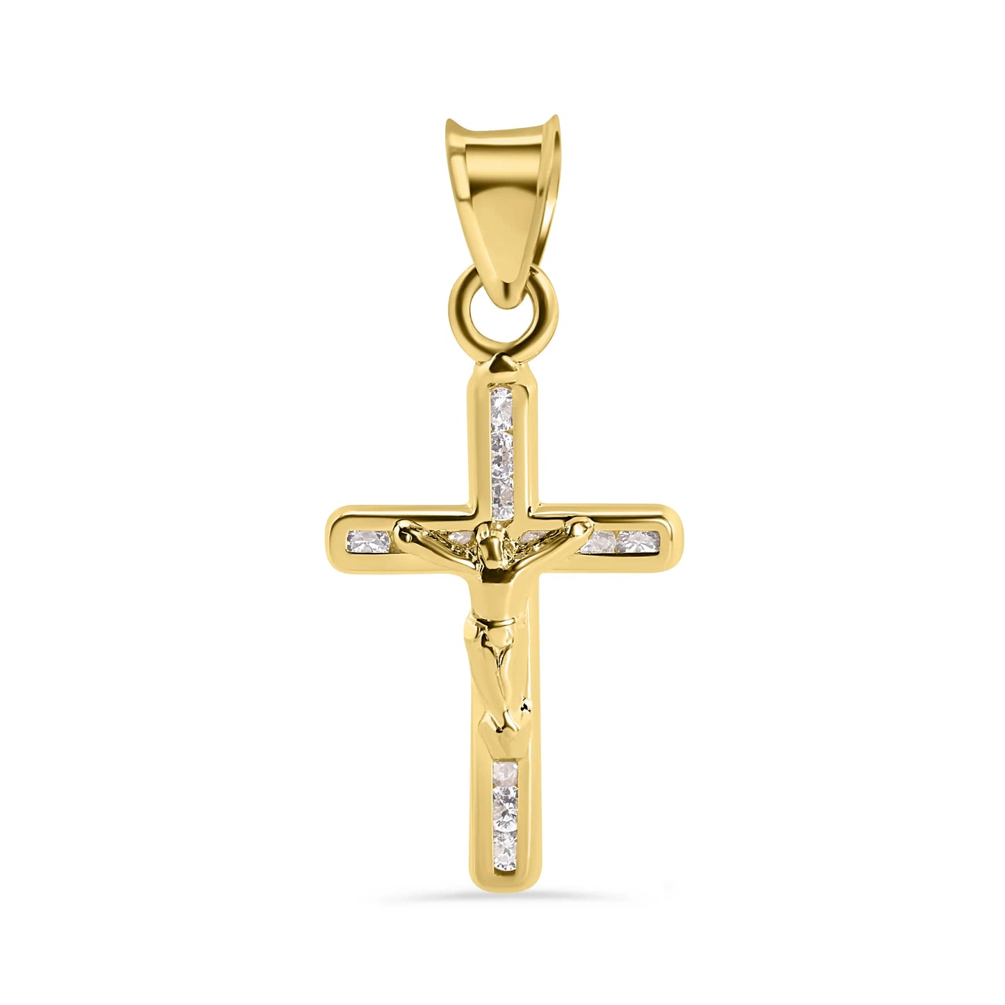 14 Karat Yellow Gold Cross Jesus Christ Clear CZ Pendant