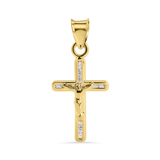 14 Karat Yellow Gold Cross Jesus Christ Clear CZ Pendant