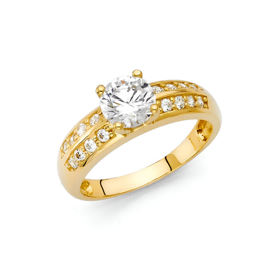 1 ct Round-Cut Prong-Set & 2 Row Pave side stones Cubic Zirconia Engagement Ring  in 14K Yellow Gold
