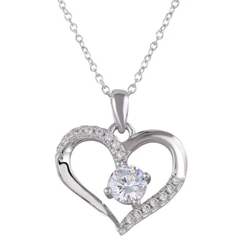 925 Sterling Silver Clearance Rhodium Plated Open Heart Pendant Necklace