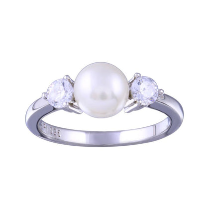 925 Sterling Silver Rhodium Plated Freshwater Pearl with Clear CZ Ring