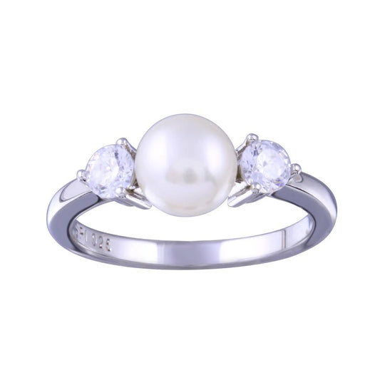 925 Sterling Silver Rhodium Plated Freshwater Pearl with Clear CZ Ring