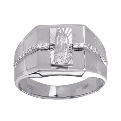 925 Sterling Silver Rhodium Plated Men's Lady of Guadalupe Ring with CZ