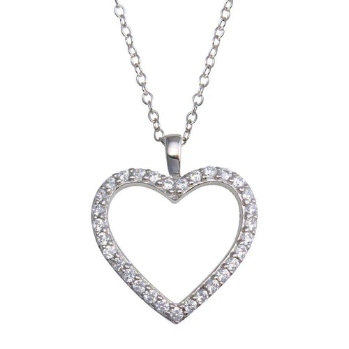 925 Sterling Silver Rhodium Plated  CZ Open Heart Necklace